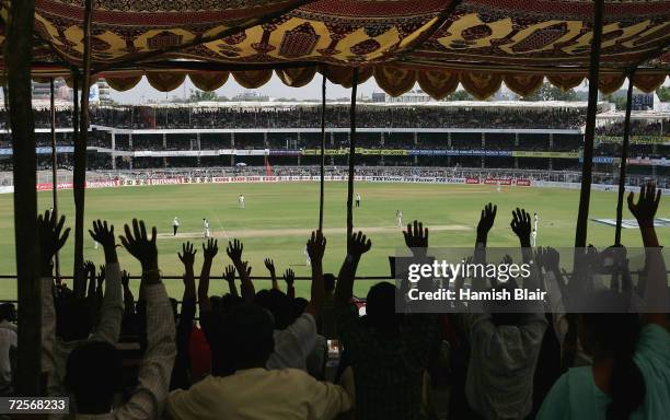 General view of play with fans looking on during day three of the Third Test between India and Australia played at the VCA Stadium on October 28,...