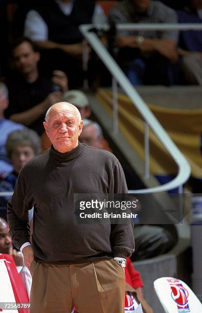 Head Coach Jerry Tarkanian of the Fresno State Bulldogs looks on from the sidelines during the first round of the NCAA Tournament Game against the...