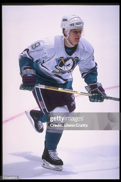 Leftwinger Paul Kariya of the Anaheim Mighty Ducks moves down the ice during a game against the St. Louis Blues at Arrowhead Pond in Anaheim,...