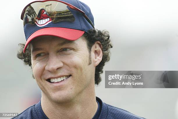 Brady Anderson of the Cleveland Indians looks on before the spring training game against the Atlanta Braves at the Wide World of Sports Complex in...