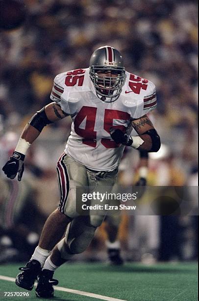 Middle linebacker Andy Katzenmoyer of the Ohio State Buckeyes in action during the game against the West Virginia Mountaineers at the West Virginia...