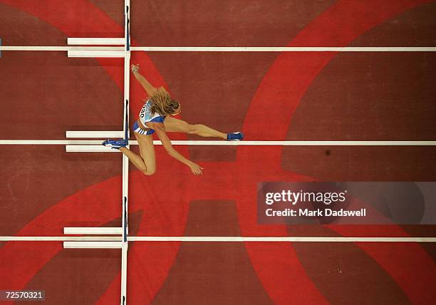 Fani Halkia of Greece competes in the women's 400 metre hurdle semifinal on August 22, 2004 during the Athens 2004 Summer Olympic Games at the...