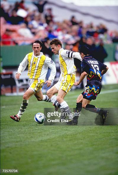 Brian McBride of the Columbus Crew controls the ball during the game against the Kansas City Wizards at the Arrowhead Stadium in Kansas City,...