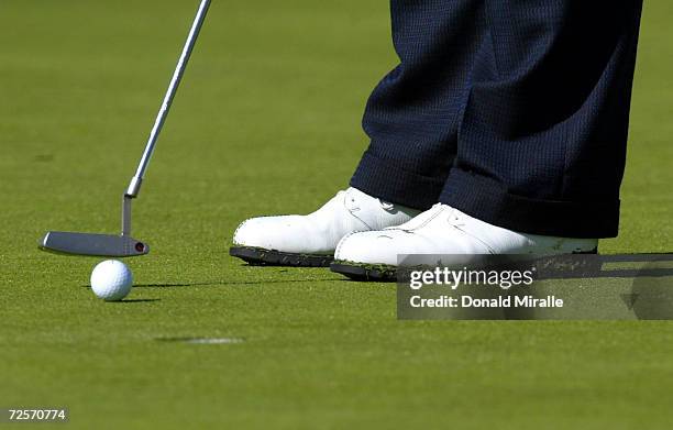 Detail of Tiger Woods' shoes as he putts during his 2&1 win over Padraig Harrington of Ireland in the 4th round of the WGC-Accenture Match Play...