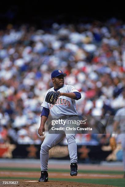 Pitcher Carlos Almanzar of San Diego Padres winding up for a pitch during the game against the Houston Astros at Enron Field in Houston, Texas. The...