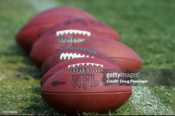 General view of footballs lined up for use during the 1998 Baltimore Ravens Training Camp at the Western Maryland College in Westminster, Maryland.