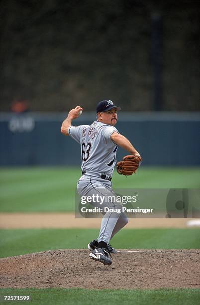 Jim Morris of Tampa Bay Devil Rays pitching during the game against the Baltimore Orioles at Oriole Park Camden Yards, Baltimore, Maryland. The...