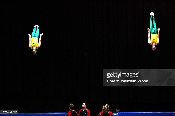 Ben Harris and Gregory Clun of Australia in action in the Mens Synchronised Trampoline during day 3 of the Australian Olympic Youth Festival in...