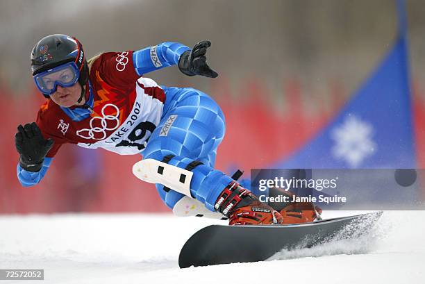 Sondra Von Ert of the USA competes in the Women's Parallel Giant Slalom Snowboard Qualifying at Park City Mountain Resort during the Salt Lake City...