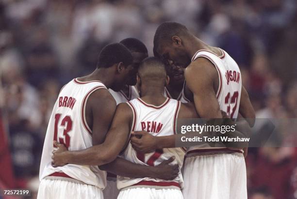 Group huddle of the Ohio State Buckeyes during the NCAA Second Round game against the Detroit Titans at the RCA Dome in Indy, Indiana. The Buckeyes...