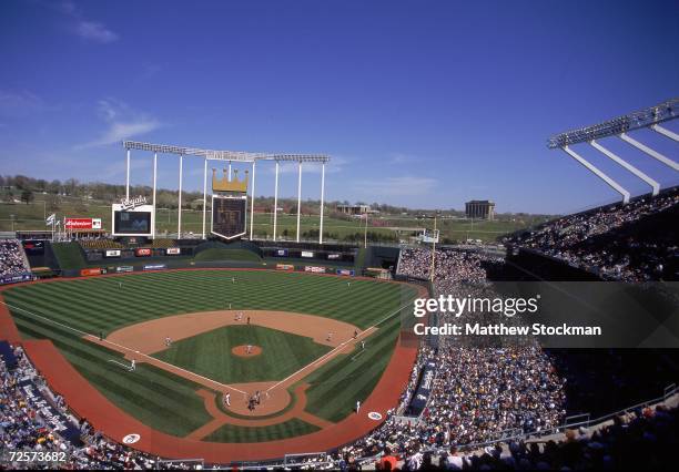 General view of the baseball diamond taken during a game between the Kansas City Royals and the Baltimore Orioles at the Kauffman Stadium in Kansas...