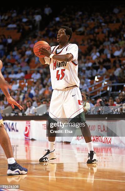 John Salmons of the Miami Hurricanes looks to pass the ball during the NCAA Southern Regional Game against the Tulsa Golden Hurricanes at the Frank...