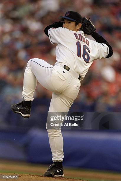 Hideo Nomo of the New York Mets in action during a game against the Tampa Bay Devil Rays at Shea Stadium in Flushing, New York. The Devil Rays...