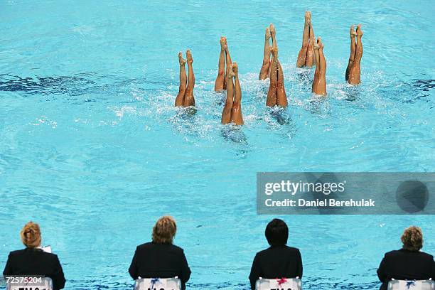 Team Spain performs in the team free routine event on August 27, 2004 during the Athens 2004 Summer Olympic Games at the Synchronised Swimming Pool...