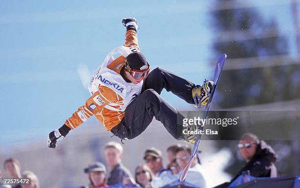 Tommy Czeschin of the USA in action during World Cup Snowboarding at Mountain Village in Park City, Utah. Mandatory Credit: Elsa Hasch /Allsport