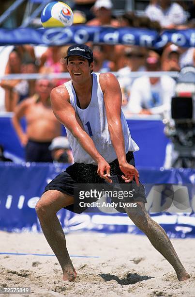 Kevin Wong hits the ball during the Oldsmobile Alero Beach Volleyball Challenge Series in Deerfield Beach, Florida. Mandatory Credit: Andy Lyons...
