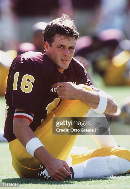 Quarterback Jake Plummer of Arizona State stretches prior to the Sun Devils 48-35 overtime win over USC at Sun Devil Stadium in Tempe, Arizona....