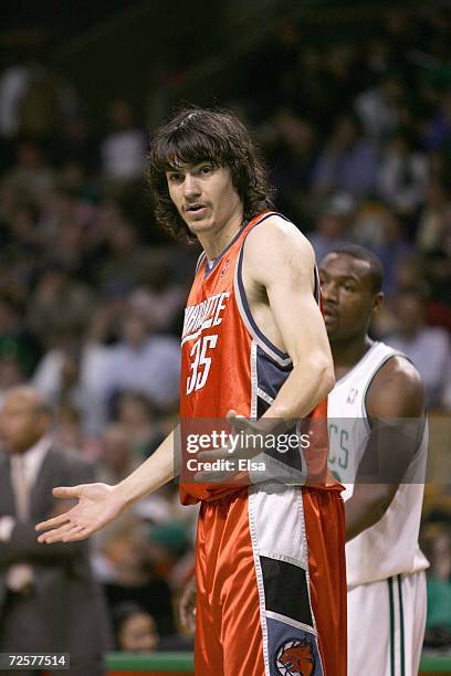 Adam Morrison of the Charlotte Bobcats reacts on the court during the game against the Boston Celtics defends on November 8, 2006 at the TD Banknorth...