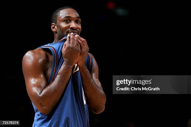 Gilbert Arenas of the Washington Wizards reacts after being called for a foul against the New York Knicks on November 15, 2006 at Madison Square...