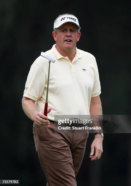 Colin Montgomerie of Scotland looks on at the 17th hole during the first round of the UBS Hong Kong Open at the Hong Kong Golf Club on November 16,...