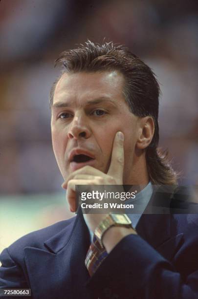 Close-up of Canadian ice hockey coach Barry Melrose of the Los Angeles Kings, 1993.