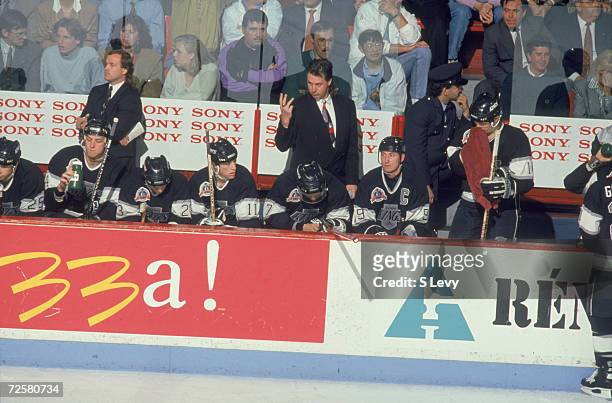 View of the Los Angeles Kings bench during game two of the Stanley Cup finals against the Montreal Canadiens, Montreal, Quebec, Canada, June 2, 1993....