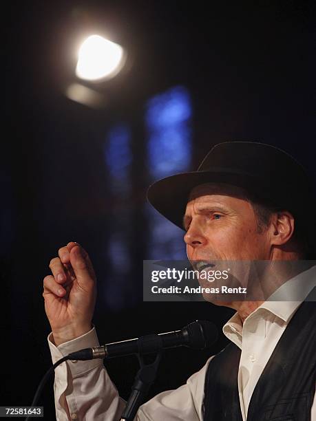 Gunther von Hagens, known as "The Plastinator", speaks to the media during the inauguration at the Plastinarium workshop and showroom on November 16,...