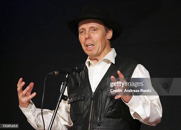 Gunther von Hagens, known as "The Plastinator", speaks to the media during the inauguration at the Plastinarium workshop and showroom on November 16,...