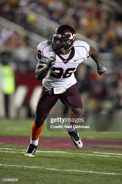 Safety Aaron Rouse of the Virginia Tech Hokies defends against the Boston College Eagles at Alumni Stadium on October 12, 2006 in Chestnut Hill,...