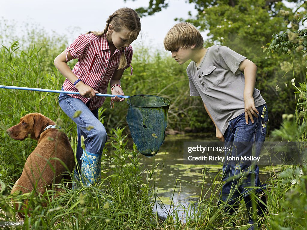 Girl (10-11) and boy (7-8) fishing in pond with brown dog