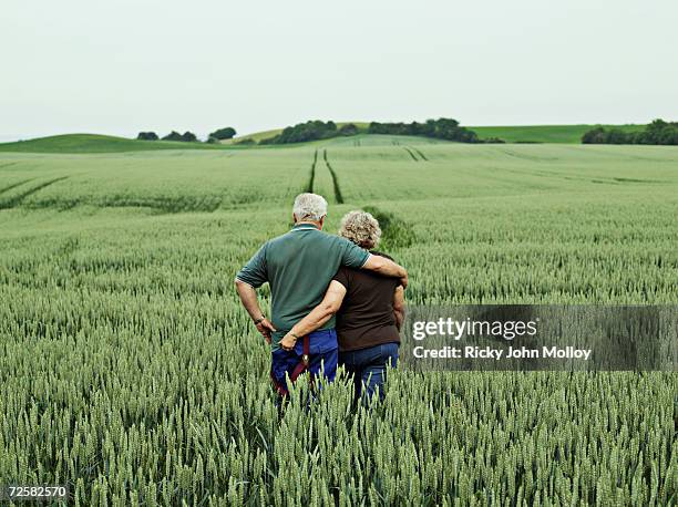 senior couple embracing in field, rear view - couple farm photos et images de collection