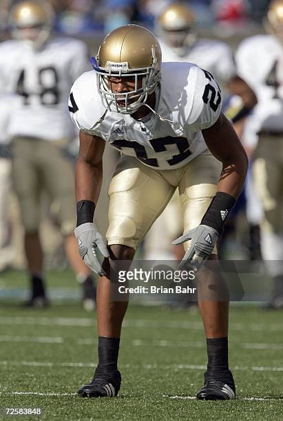 David Bruton of the Notre Dame Fighting Irish gets ready to move during the game against the Air Force Falcons on November 11, 2006 at Falcon Stadium...