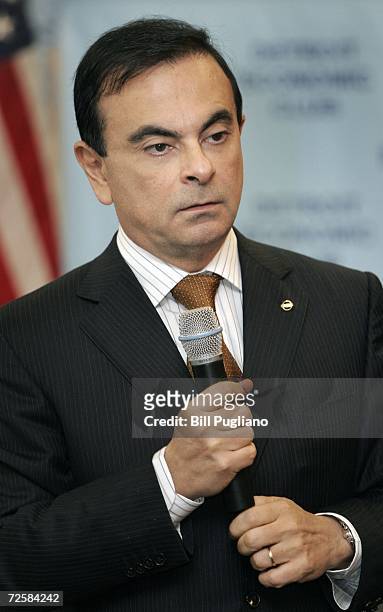 Carlos Ghosn, President and Chief Executive Officer of Nissan Motor Company and Renault S.A., answers questions at a press conference following his...