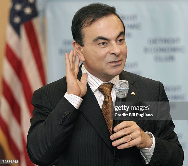 Carlos Ghosn, President and Chief Executive Officer of Nissan Motor Company and Renault S.A., answers questions at a press conference following his...