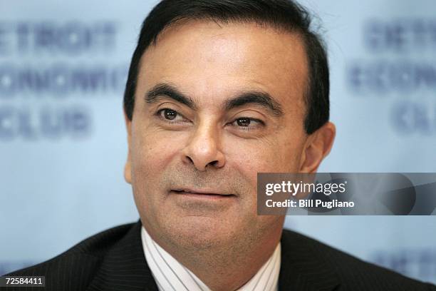 Carlos Ghosn, President and Chief Executive Officer of Nissan Motor Company and Renault S.A., answers questions at a press conference following his...