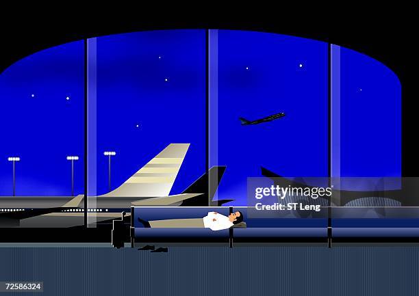man lying down on a bench at an airport lounge - plane window view stock illustrations