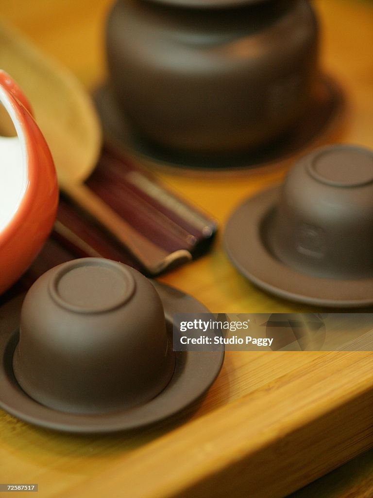 Close-up of a Chinese tea set on the table