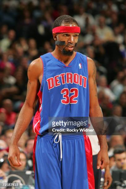 Richard Hamilton of the Detroit Pistons looks on during the game against the Sacramento Kings on November 8, 2006 at ARCO Arena in Sacramento,...