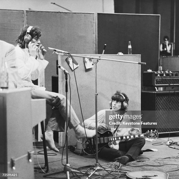 Rolling Stones Mick Jagger and Keith Richards at the Olympic Sound Studios while making Jean Luc Godard's semi documentary movie 'Sympathy for the...