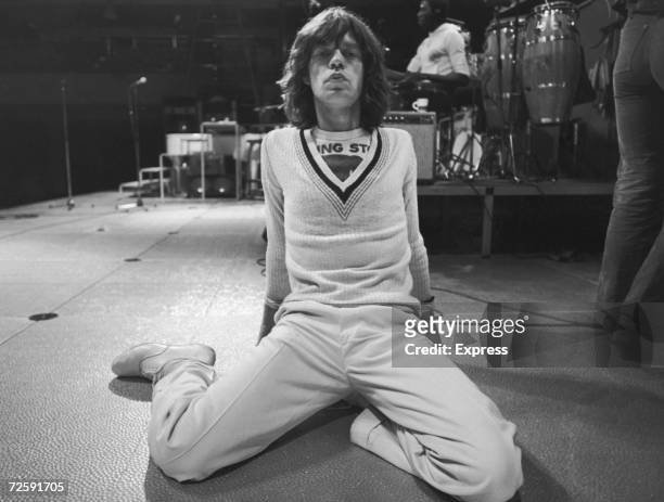 Singer Mick Jagger of the Rolling Stones at rehearsals for a British concert, 1975.