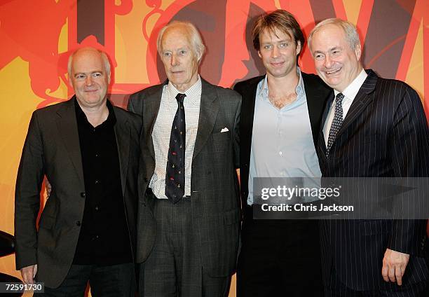 Of EMI Tony Wadsworth, Producer Sir George Martin and his son Giles and Paul Gambaccini are seen at the Launch of the New Beatles Album, "Love" at...