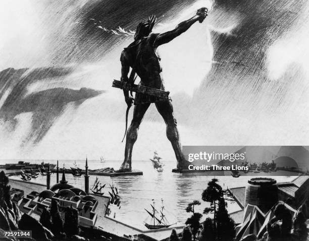 The Colossus of Rhodes, a giant statue of the sun god Helios measuring 34 metres, towers over the island's harbour, circa 250 BC. Completed in 280...