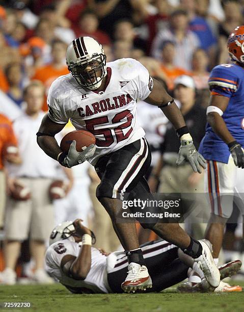 Jasper Brinkley of the South Carolina Gamecocks carries the ball during the game against the University of Florida Gators at Ben Hill Griffin Stadium...