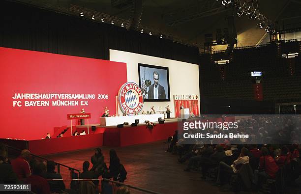 General view is seen while CEO Karl-Heinz Rummenigge speaks during the general annual meeting of Bayern Munich at the Olympic Hall on November 17,...