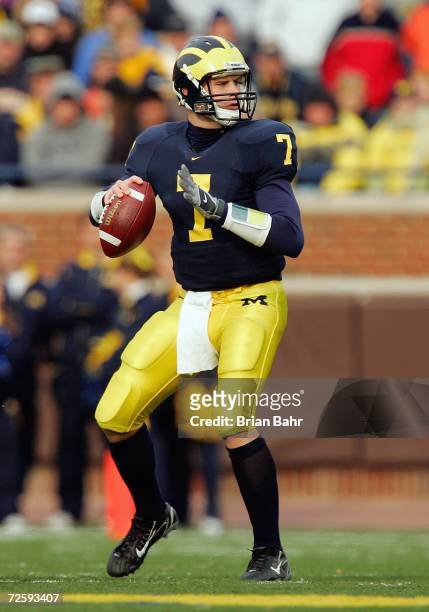 Quarterback Chad Henne of the Michigan Wolverines during the NCAA game against the Ball State Cardinals on November 4, 2006 at Michigan Stadium in...