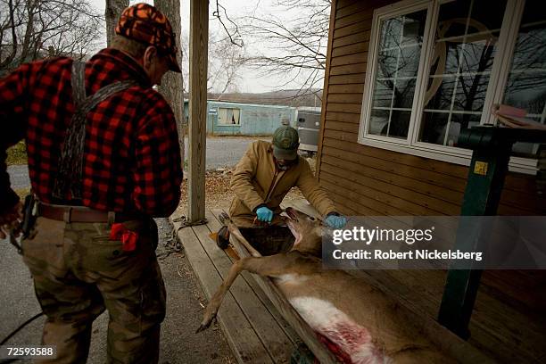 Vermont state wildlife biologist, center, notes the data from a recently shot whitetail deer as the hunter, Ed Andrejak, left, looks on November 12,...