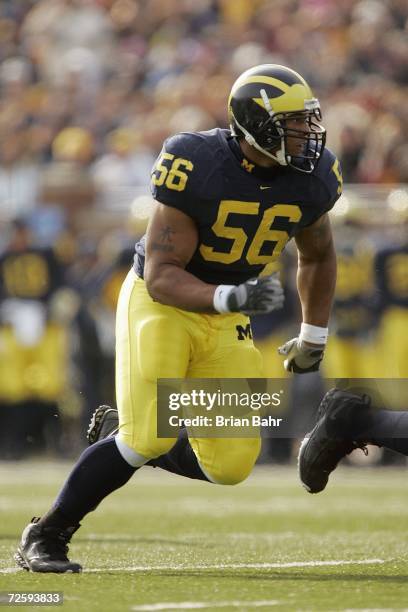 Defensive end LaMarr Woodley of the Michigan Wolverines during the NCAA game against the Ball State Cardinals on November 4, 2006 at Michigan Stadium...