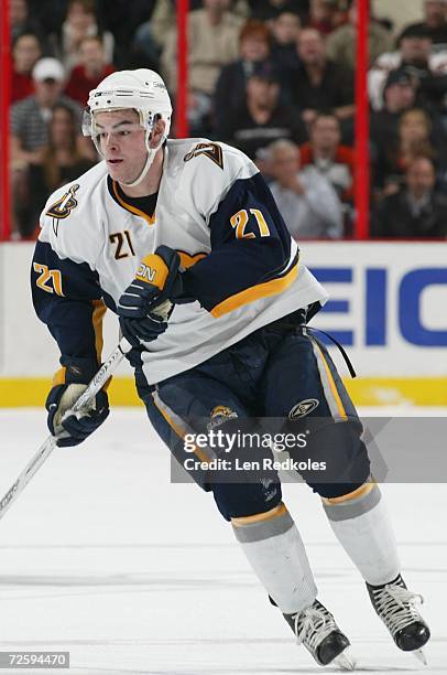 Drew Stafford of Buffalo Sabres skates during the NHL game against the Philadelphia Flyers at the Wachovia Center on November 11, 2006 in...