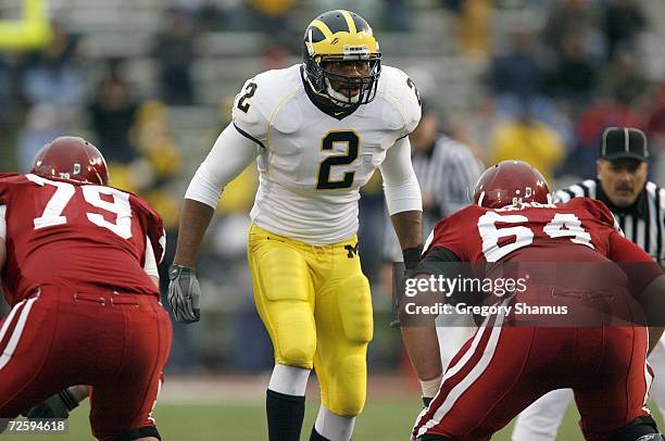 Shawn Crable of the Michigan Wolverines stands at the line of scrimmage during the game against the Indiana Hoosiers on November 11, 2006 at Memorial...