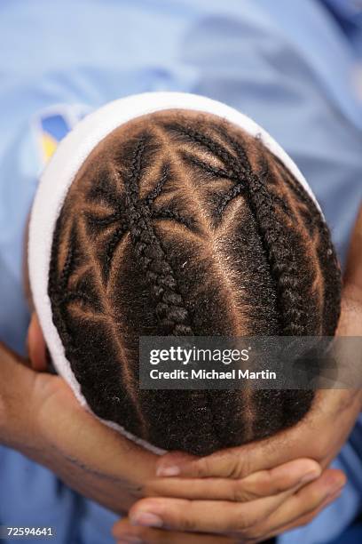 Detail view shows the braids worn by Carmelo Anthony of the Denver Nuggets during the game against the Minnesota Timberwolves on November 3, 2006 at...
